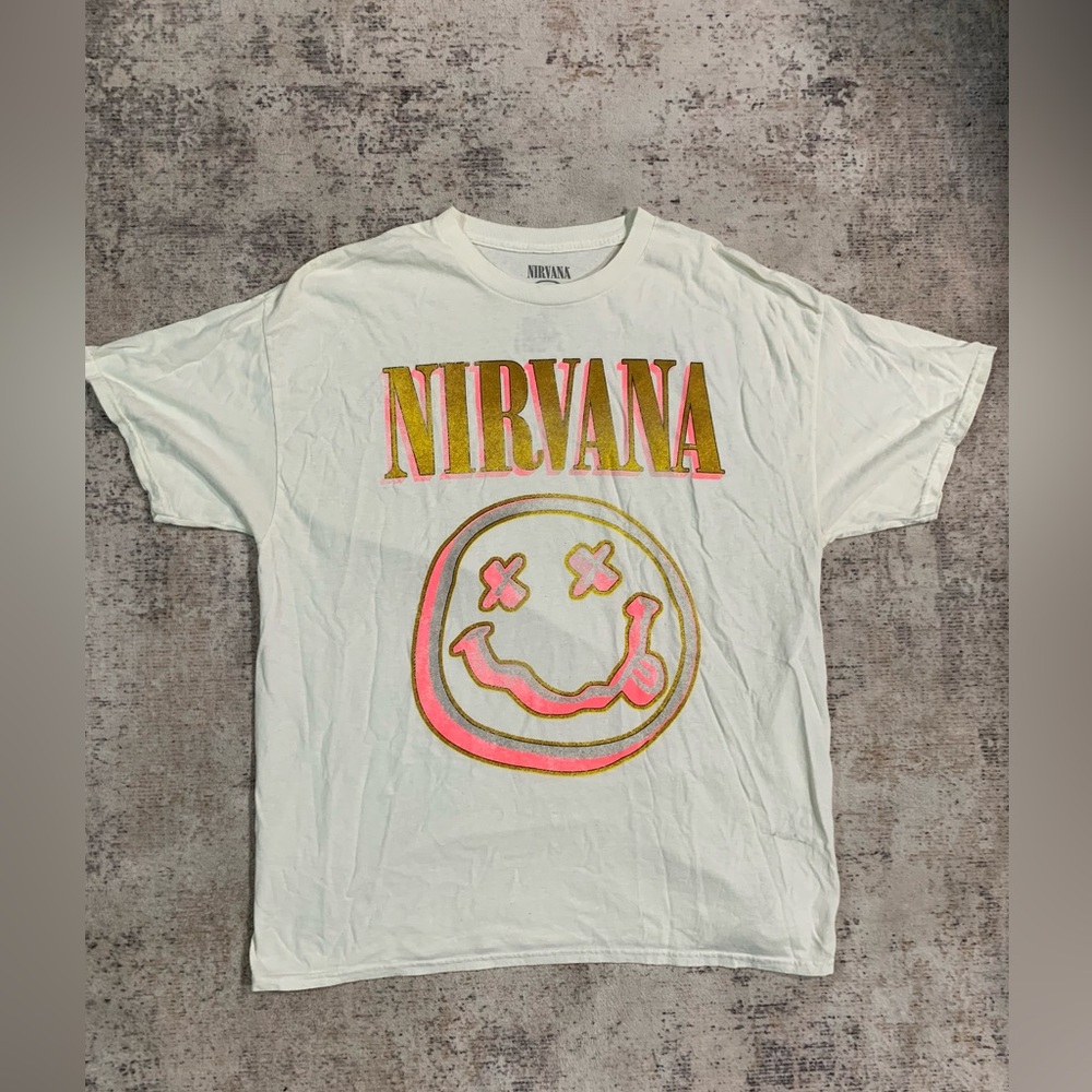 Nirvana Nevermind Smiley Size L Logo Grunge Band T-Shirt